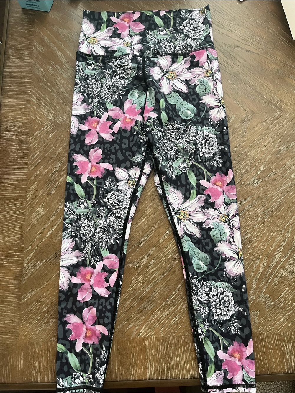 Evolution and Creation Black Floral Leggings with Pink & Green Accents
